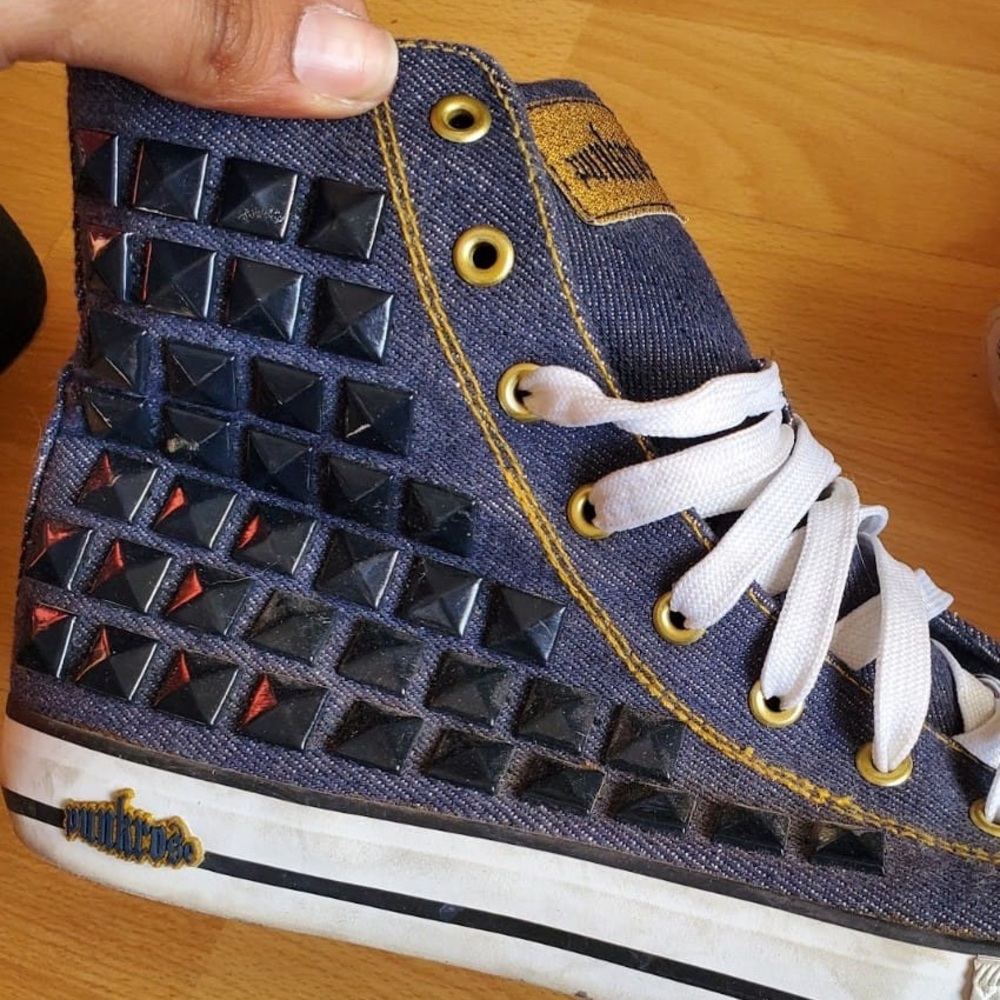 PUNKROSE High top black studded dark denim tennis shoe.